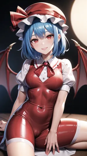 Remilia Scarlet, un vampiro con pelo corto, flecos y pelo azul entre sus ojos, lleva ropa de látex con cintas rojas alrededor de su sombrero. También tiene un sombrero de murciélago que lleva cuando se siente malchiev