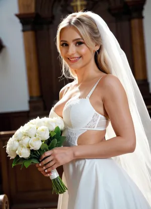 La mujer de 23 años, una novia para ser y su novio, caminó por el pasillo en su vestido de novia. Era una novia para ser y su novio era el pastor. Tenía una hermosa sombra de ojos y lápiz labial que la hizo