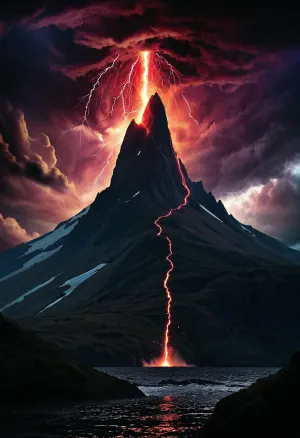 Башня стояла высокой и гордой на пике крутой горы, окруженной реками и озерами кипящей магмы. Его силуэт был очерчен против бурного неба, с облаками темно-пурпурного и темно-синего, кружащими вокруг черной дыры