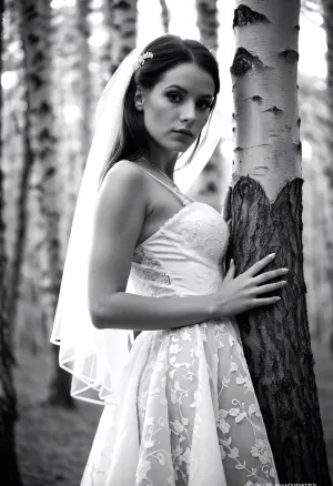 Невеста в бережном лесу была для того, чтобы посмотреть. Ее белое платье было погружено в солнечный свет, и ее волосы текли по спине, как снежинки в зимний день. Она стояла перед деревом, держась