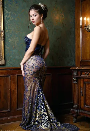 A stunning, 32g open perfect breast, intricately designed gown that clings to her figure perfectly. Her hair is styled in a sophisticated updo, and her makeup perfectly complements her athletic physique. She wears delicate earrings that dangle beautifully