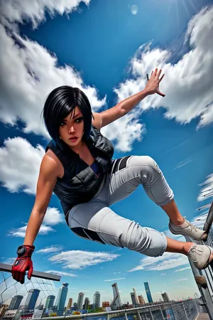 The girl with the black hair and blue sky in her eyes stood on the rooftop, looking out at the cityscape. She was wearing a sleeveless top that showed off her toned arms and bare shoulders. Her lips were parted slightly as she