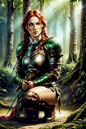 (Female warrior), (delicate features), (bright blue eyes:1.2), (long thick red hair:1.2), ((red blooded hair)), ((leather armor)), (thick braids:1.25), ((realistic leather armor:1.5)), ((drab brown and green armor:1.2)), ((leather armor has intricate engraving all over:1.2)), (slim black leather boots), (black clothes under armor:1.2), ((holding recurve bow)), (arrow nocked:1.3), (bow raised:1.2), (bow aimed:1.4), (one knee on the ground:1.3), (surrounded by lush green forest:1.4), (beams of sunlight shining through the tree canopy:1.2), (facial expression of quiet focus), (intently staring at target:1.2), ch3rryg1g, magv1ll, <lora:more_details:.5>, <lora:epi_noiseoffset2:.5>, <lora:sxz-cherry-gig-new:.5>, <lora:Luis_Royo_v1:.5>, <lora:sxz-mtg:.5>