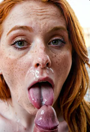 Uma mulher em uma foto está vestindo rímel de olhos de doe verde e sardas, seu cabelo é desprezível e gozada, ela tem várias sardas em seu rosto, alunos dilatados, expressão de orgasmo ahegao,