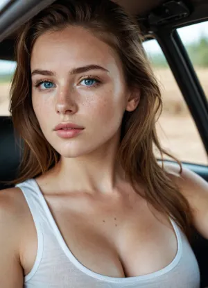 Eine junge Frau im Auto trägt ein weißes Tanktop und hat riesige Brüste mit markanten blauen Augen. Ihr Ausdruck ist verführerisch und sexsüchtig, da sie sich auf die natürliche Beleuchtung von außen konzentriert. Der Hintergrund zeigt einen dunklen Innenraum mit