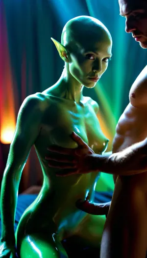 The AI generated a picture of an alien with large breasts and an engorged clitoris, which aroused the human male to the point of masturbating