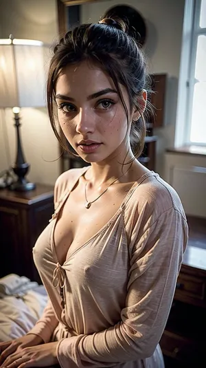 Image of, Adorable, girl next door, innocent, tempting, nubile, ponytail, (masterpiece), amatuer, photo realistic, clear face, best quality, dark, very low light, pajamas, <lora:pajamas-10:.5>, <lora:Poking Nipples by Stable Yogi:.5>