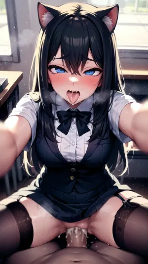 beautiful, masterpiece, best quality, very detailed face, perfect lighting, 1 cat girl, (ahegao:1.4), 1 boy, first person, saddled, girl on top, sitting on her knees, close-up, (hard sex:1.4), exhibitionism, indecent behavior in a public place, hugging with two hands, in class, school uniform, (stockings with garters:1.4), (saliva), (steam from the mouth), (sweat flowing down the body), (lines of movement), <lora:concept-upright_straddle-pov-v2:.5>