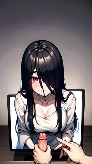 ((masterpiece)), (best quality), (absurdres), black hair, yamamura_sadako, white dress, (grey skin), hair over eyes, eyes covered, looking up at viewer, embarrassed, through, tv, screen, upper, stuck, male, masturbation, pov, hands, penis, <lora:sadako_v3:.5>, <lora:ThroughScreenStuckMonitorUpperBodyV3f:.5>, <lora:pov_male_masturbation_v0.1:.5>