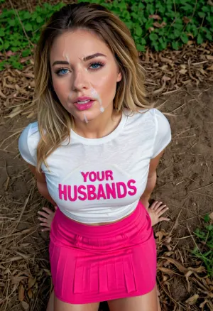 Uma mulher em seus vinte anos de idade com cabelos tousled ondulados longos e olhos azuis brilhantes é visto em seus joelhos em um parque, vestindo uma camiseta branca com as palavras "Your Husbands Cum" escrito sobre ele. Ela tem razão