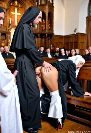 Full body, masterpiece, best quality, bokeh, full face, heterosexual sex, doggy style, 1 young nun, 1 very old Christian monk, nun and monk having anal sex in front of congregation, Franciscan monk, monk is bald and has a long white beard, nude, big excited dick, monk fucks nun in asshole, a nun stands doggy style, a monk stands behind a nun, a monk holds a nun by the waist and pushes him onto his large erect penis, in church altar, full church, focus on audience sitting on church benches, audience attentive, [[masterpiece, 8k, RAW photo, portrait, best quality, ultra high res, photorealistic, cinematic lighting, depth of field, lens flare]], crowd, of, people, <lora:crowd_of_people:.5>