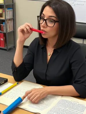 professor, MILF, aged in 40s, teaching feminism, chewing on pencil, heels, glasses, dark hair, Bob cut, hair ornament, bmb-fc, <lora:bimbo-fc-1.6a:.8>