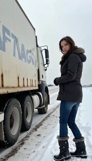 A 45-year-old Russian whore stood on the side of the highway, covered in mud and slush. She was wearing a short dress that barely covered her crotch, and her hair was disheveled. Her eyes were blood