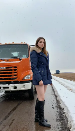 Una puta rusa de 45 años se encuentra al lado de la carretera, invierno, nieve, barro, erupción, tierra de carretera, camiones con semi remolque. Buenas noches. Iluminación. Está nevando. Es