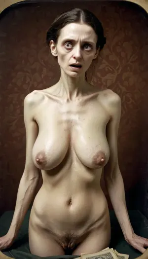 그림의 여성은 그녀의 피부에서 압출 된 그녀의 뼈가 너무 얇았고, 그녀는 그녀의 emaciated 프레임을 걸려있는 자궁 드레스를 입었다. 그녀의 sunken 눈 과 ghostly pallor 만든 그것 clear 그 그녀 was a ha