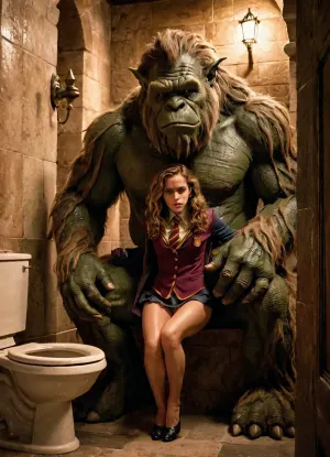 Hermione Granger, une petite Hermione, se promenait dans la salle de bain de Hogwarts quand elle entendait un bruit étrange. Elle se retourna et vit un grand troll avec une queue charnue debout devant elle. Sans hésiter, le troll s'est emparé