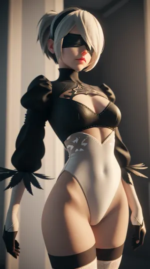 (blender), stylized 3d render, masterpiece, 3d, perfect lighting, (detailed hair), absurdres, 1girl, <lora:AbsurdlyGoodOW3DPornStyle:.5>, hm2b, black, blindfold, covered, eyes, clothing, cutout, long, sleeves, puffy, juliet, feather, trim, thighhighs, gloves, dress, skirt, navel, (white, leotard:1.2), cael toe, <lora:y2b_v2-1:1>