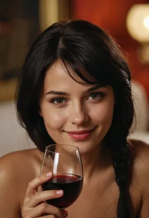 写真は、彼女の髪の黒と目のピアスで、ベッドに座っている裸ロシア少女を示しています。 片手にワインのグラスを握り、もう片手はベア・ブレストに置かれます。 背景にはクローズアップがあります