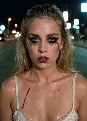 raped, White trash, humiliated, she is forced to do shameful actions, made her a whore against her will, heavy makeup, kicked out on the street like this, too much makeup, makeup smeared on her face, night