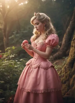 Princesa Peach, com seu rosto burro e roupas apertadas, é visto comendo um cogumelo em uma pose de corpo inteiro