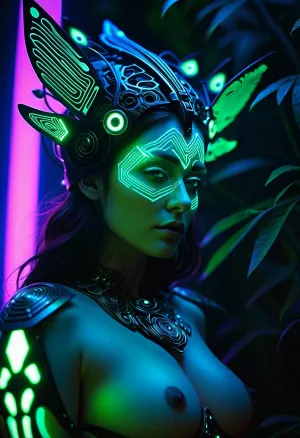 long-shot, full body portrait of woman, 10 lucid weirdcore cybercore, looking off in distance, 6 style, bioluminescent intense glowing biomechanical rips emerging from skin, styled in insanely detailed intricate marginalia headdress, gorgeous, wearing mask made from fibre-optics, bright neon lights shining, very colorful, blue, green, purple, glowing, 6 background, glowing forest, vivid neon wonderland dream, particles, 4 parameters, rule of thirds, golden ratio, photorealism, raytraced shadows, depth of field, asymmetric composition, hypermaximalist, insane details, octane render, cinematic realism, unreal engine, 8k