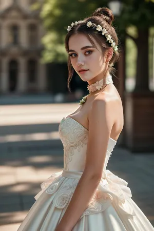 Girl, 20 years old, brunette hair, hair bun, beautiful, masterpiece, best quality, extremely detailed face, perfect lighting, seductive smirk, wedding dress, intricate dress, flower pattern, choker, diadem walking, 3/4 view