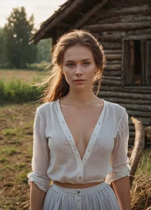 俄罗斯农民女孩站在镜头前,她的皮肤被炎热的夏日汗水覆盖. 她长长的栗毛流下她的背, 塑造了她美丽的脸。 她穿着一件简单的农装 露出她的肌肉和项圈