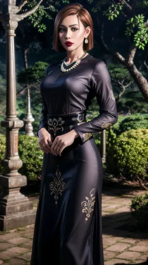 Nobara Kugisaki'nin bir Javanese düğün elbise fotoğrafı, ince vücudunun ve mükemmel simetrik yüzün karmaşık detaylarını ele alan etkileyici bir sanat eseridir. Fotoğraf son derece ayrıntılı ve gerçekçi, dağınık bir yumuşak aydınlatma ile