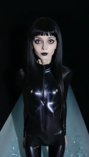 一张令人惊叹的人工智能照片 一个黑发深眼的女孩 带有空白的表情和高细节的色情摄影技术