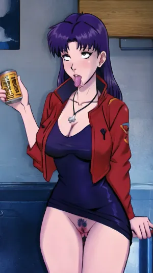 Misato stood alone in her apartment, wearing a high-quality black pencil dress with a high neckline and detailed eyes. She had a beer can in one hand and was holding the best story description as if she were about to take a sip