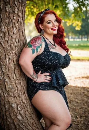 Eine 40-jährige Frau mit einem großen runden Arsch, dicken Oberschenkeln und einem Middy Tattoo auf ihrem Bauch stellt unter dem Baum in einem dynamischen Foto mit großen Ohrringen und Halsketten