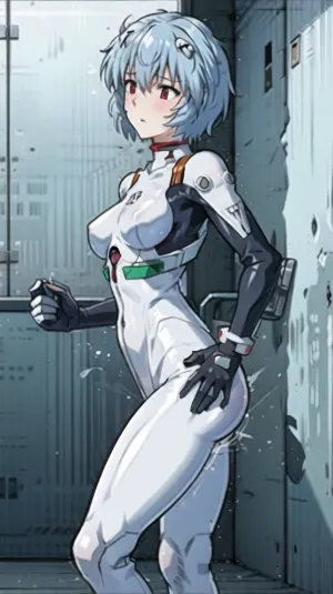 A woman in a changing room is dressed like Rei Ayanami from Evangelion, swaying from side to side and holding up a picture of Rei Ayanami from Evangelion. She has a sleepy look on her face and holds up a picture