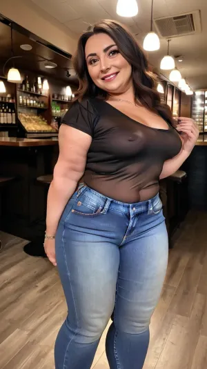 Eine Frau in einem sexy Outfit wird posiert für die Kamera gezeigt, mit ihrem molligen Körper auf vollem Display. Ihre großen Hüften und runden Gesicht sind auf vollem Display, und ihr Birnenformkörper ist auch auf vollem Display. Die Beleuchtung in der