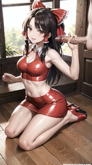 Reimu Hakurei, vestida de látex, sonrió mientras ella voló un beso a la cámara. Sabía que a sus fans les encantaría verla en este traje sexy. Mientras posaba para la cámara, no podía evitar pensar en cuánto