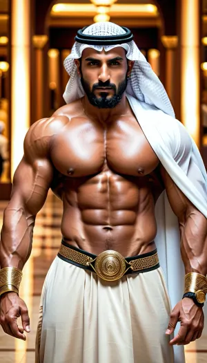 Sheik, muscular 몸과 긴 수염과 슬픈 사우디 sheik, 두바이 몰에서 채찍을 보유. 그는 여성과 그의 길을 갖는 매우 masculine과 욕망입니다