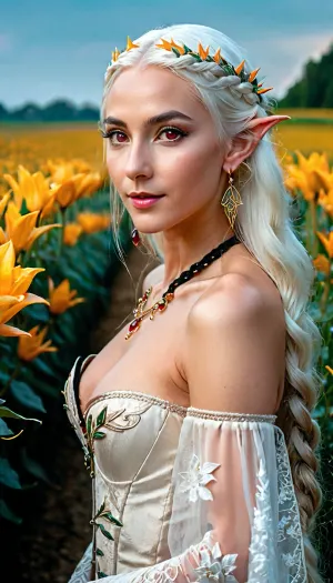 La foto della regina Elven è stata scattata con una fotocamera DSLR, utilizzando una Sony A7 IV e una lente ad altissima risoluzione. La foto è stata scattata in un sentiero, circondato da fiori e alberi. La regina degli elfi aveva i capelli lunghi che