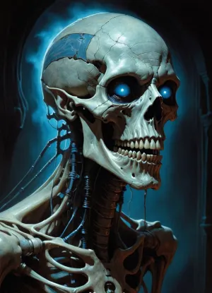 На картине изображена чудовищная, скелетная фигура с вытянутыми ушами и острыми голубыми светящимися глазами. Его лицо полно видимых костных структур, вен, сделанных из кабелей и теней, придавая ему реалистичный, но жуткий вид. Детали очень сложные