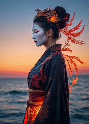 Лицо робо киборга гейши без лица было написано Уотерхаусом, Карном Гриффитсом, Минджа Ли, Аной Паулой Хоппе, стилизованным флоресцентным искусством. У него был сложный хаотичный морской пейзаж, красный горящий свет