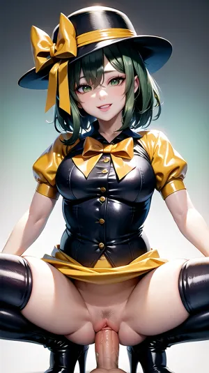 En la imagen, una chica con pelo corto y ojos verdes está usando ropa de látex koishi y squatting en una polla. Ella tiene una sonrisa en su cara mientras se levanta y baja, mostrando su cuerpo en el sombrero de tercer ojo
