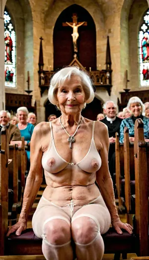 bdsm, bondage, ropes, hanging, Very old granny, 90 years old, wrinkly saggy tits, saggy extremely wrinkled body, pierced nippless full body wet pussy, short white hair, church, squatting over s book, smiling lustfully, crowd, church choir watching, people, 1D, seamless, pantyhose, 20D, legs, up, spread, sitting, <lora:crowd_of_people:.5>, <lora:267001_training_data:.5>