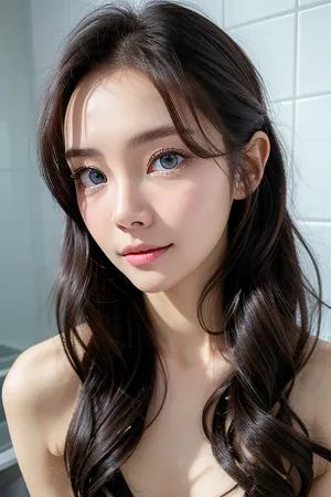 woman, naive, innocent face, thick black eyelashes, (best quality:1.1), blue eyes of an 18-year-old girl, (nude:1.3), in the bathroom, beautiful face, 8k, 4k, complex, detailed face, detailed eyes, gradient background, strong lighting, shot above the waist, hairstyle complex styling., <lora:korean-ponytail_epoch-000008:.5>, <lora:age_slider-LECO-v1:-3>, <lora:xinxiaomong:.4>, <lora:weight_slider_v2:-1>