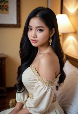 18 years old girl, thai, cute, off-shoulder, rich escort outfit, very long black hair, best quality, photorealism, masterpiece, curvy, shy flirting, seducing, kind expression, natural skin, skin imperfections, big eyes