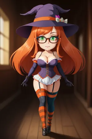 La chica en la ropa de pierna asimétrica con fondo borroso y cara perfecta está mirando al espectador con sus guantes naranjas preciosos, ojos verdes y ropa de pierna rayada. Tiene una hermosa cara con pelo largo y gafas de estilo chibi