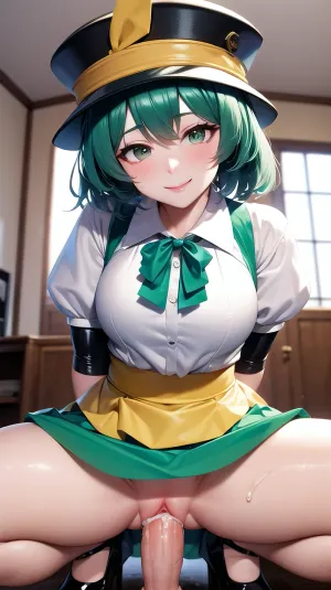 El koishi koishi, una tercera imagen de una IA usando látex y montando una polla, la muestra con ojos verdes y pelo corto. Ella tiene golpes en el lado de su cara y está sonriendo mientras ella se mete en el