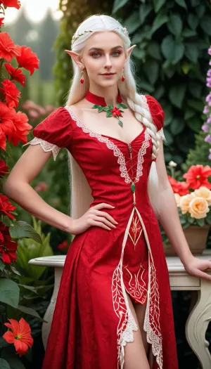 Masterpiece, elf queen, elven queen, young adult 19 years old, scandinavian female face, beautiful face, perfect face, perfect hair, ((very long hair, braided, white hair)), perfect eyes, ((bright scarlet pupil:1.5)), elven ear, ((pointed long elven ear:1.5)), ((slim body, narrow waist, slim hips)), ((small firm breast:.3)), perfect legs, ((slender legs)), ((wearing batik dress)), ((hair decoration, earrings, necklace, lace choker, highheel)), standing, majestic pose, sweet smile, ((in flower garden, victorian style furniture, plant decoration, flower decoration)), front view photoshoot, full body photoshoot, 8k, UHD, realistic photo, lifelike photography, highly detailed, ultra-realistic, sharp focus, profesional photography, full-length photo, 70mm lens, symmetrical, natural lighting, natural shadow