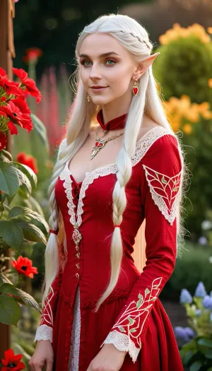 La giovane regina degli elfi si trovava nel giardino dei fiori, i suoi lunghi capelli che scorrevano lungo la schiena. Indossava un vestito da batik con un pizzo choker e tacchi alti. Il suo corpo sottile era perfetto, e aveva una bellezza naturale che era difficile resistere