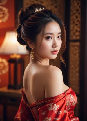 1girl, cute, chinese, boudoir pose, elegant hairstyle, close-up, off-shoulder, big boobs