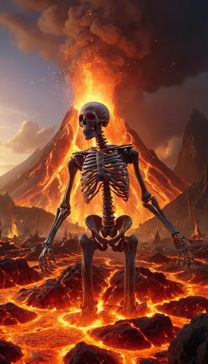 The skeleton's bony hand sticks out of the coals, holds a skull made of red-hot stone, drenched in molten gold, flames with lightning erupt from the eye sockets, ash falls from the sky, a large volcano erupts in the background, ral-lava, 3D, rendering, high, quality, landscape, lava, land, masterpiece, mountain, rock, scene, concept, <lora:ral-lava-sdxl:.5>, <lora:熔岩之地:.5>