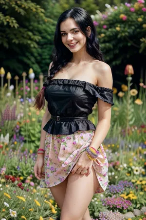 Une jolie jeune fille de 18 ans de l'IA a généré photoréaliste avec un doux sourire et de longs cheveux noirs fraises, portant une robe rose sexy avec une sangle lâche sur le côté, se tenait devant un fond photoréaliste coloré