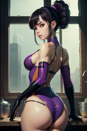 lowest view, (((beautiful face))), (((perfect face))), highly, necklace, best natural sunlight, masterpiece, 8k, (Masterpiece:1.2), high quality, (pixiv:1.4), Volumetric Lighting, backlight, 1girl, abs, ass, bare shoulders, black hair, breasts, chinese clothes, detached sleeves, drill hair, fingerless gloves, gloves, glowing, glowing eye, halter top, halterneck, han juri, medium breasts, purple eyes, sideboob, solo, toned, twin drills, <lora:Cutesy4-10:.5>, <lora:ghibli_style_offset:.5>
